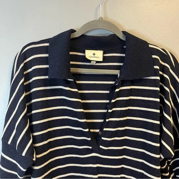 Tuckernuck Sweater Navy &amp; White Striped Clayton 3/4 Sleeve Knit Polo XL/XXL EUC