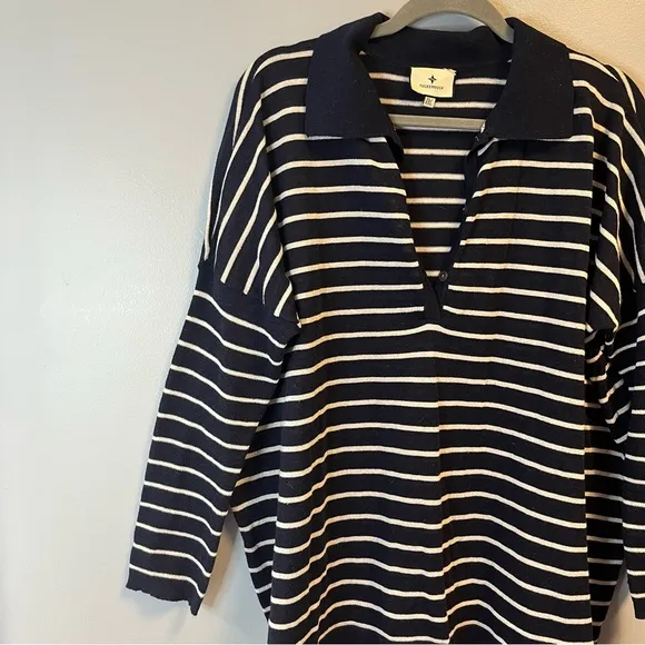 Tuckernuck Sweater Navy &amp; White Striped Clayton 3/4 Sleeve Knit Polo XL/XXL EUC