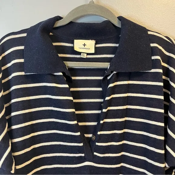 Tuckernuck Sweater Navy &amp; White Striped Clayton 3/4 Sleeve Knit Polo XL/XXL EUC