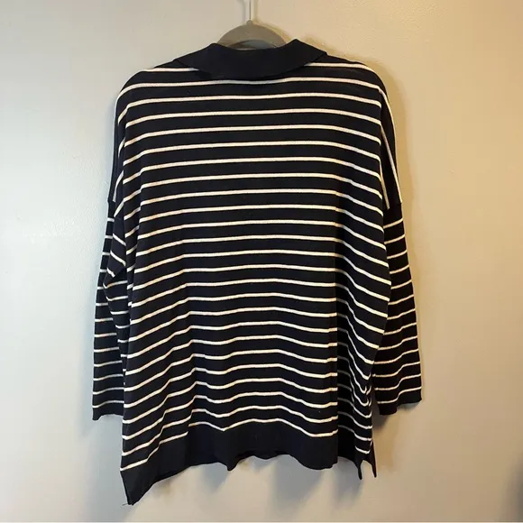 Tuckernuck Sweater Navy &amp; White Striped Clayton 3/4 Sleeve Knit Polo XL/XXL EUC