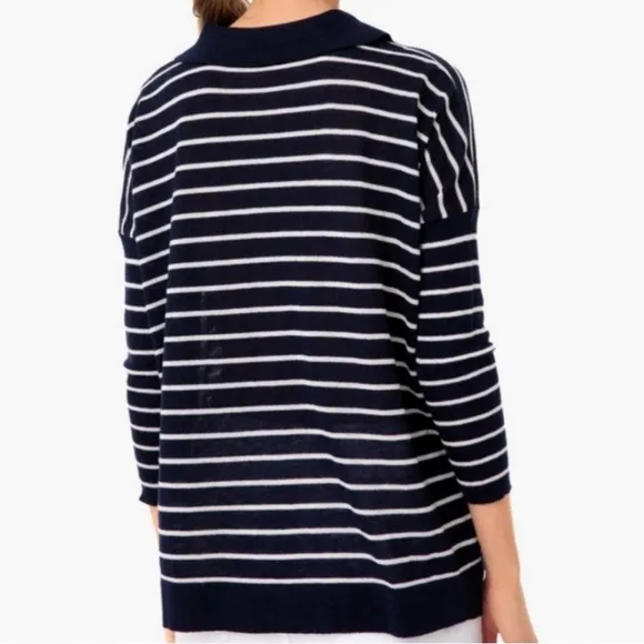 Tuckernuck Sweater Navy &amp; White Striped Clayton 3/4 Sleeve Knit Polo XL/XXL EUC