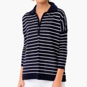 Tuckernuck Sweater Navy &amp; White Striped Clayton 3/4 Sleeve Knit Polo XL/XXL EUC