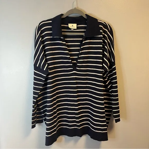 Tuckernuck Sweater Navy &amp; White Striped Clayton 3/4 Sleeve Knit Polo XL/XXL EUC