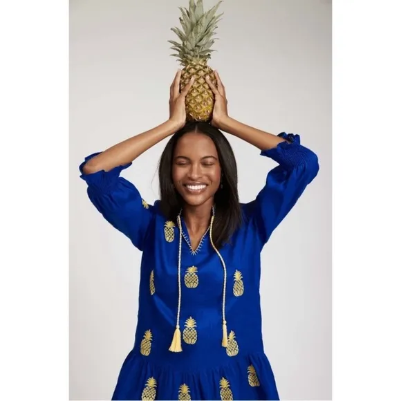 TYLER BOE Niki Embroidered Linen Dress Pineapple NWOT