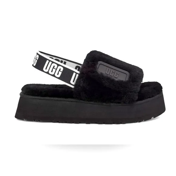 UGG Black Platform Disco Slides with Fuzzy Strap Women’s Size 7