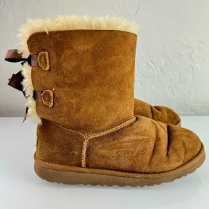 Ugg Boots Bailey Bow Chestnut Solid Brown Tan Pull‎ On Winter Snow Leather Suede