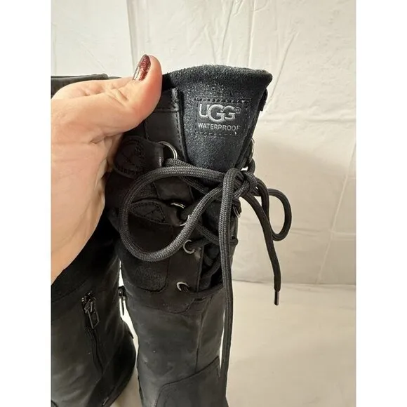 Ugg Elsa Tall Black Waterproof Leather Sherpa Lined Women Boots Sz 7