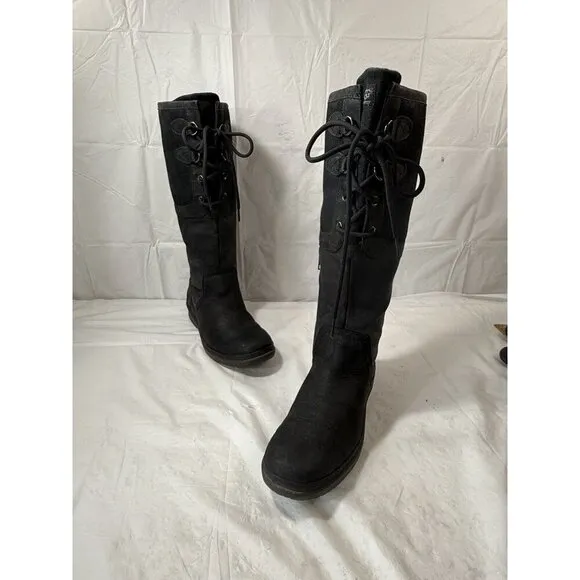 Ugg Elsa Tall Black Waterproof Leather Sherpa Lined Women Boots Sz 7