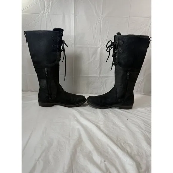 Ugg Elsa Tall Black Waterproof Leather Sherpa Lined Women Boots Sz 7