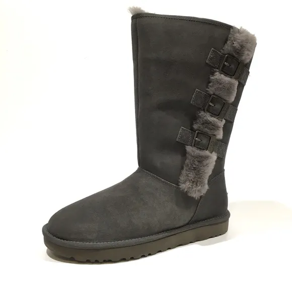 UGG KLEA BUCKLE BOOTS -CHARCOAL SUEDE / SHEEPSKIN TRIM -US 11 -NEW