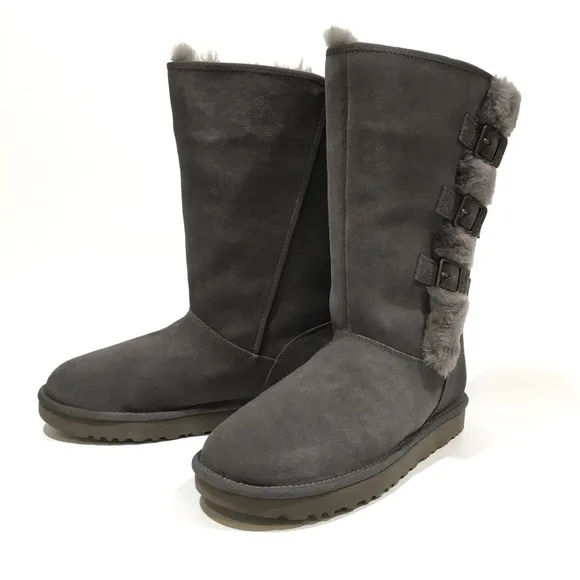 UGG KLEA BUCKLE BOOTS -CHARCOAL SUEDE / SHEEPSKIN TRIM -US 11 -NEW