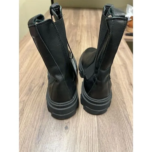 UNLACE Women's Black Chunky Sole Platform Mid Calf Leather Boots Size 8.5