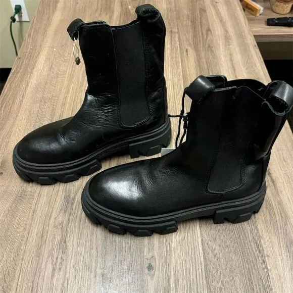 UNLACE Women's Black Chunky Sole Platform Mid Calf Leather Boots Size 8.5