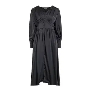 Vanessa Scott Elegant Black Midi Dress V-Neck‎ Button-Front Long Sleeve
