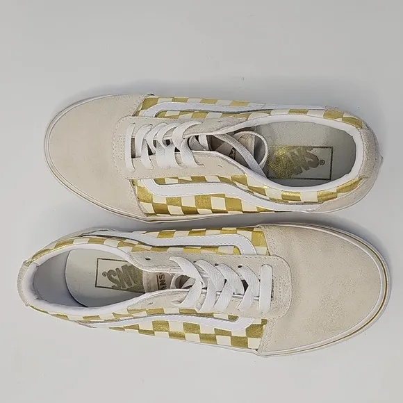 Vans Old Skool Cream Suede &amp; Metallic Gold Checkered Sneakers