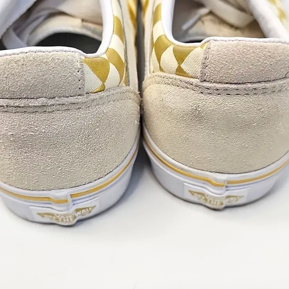 Vans Old Skool Cream Suede &amp; Metallic Gold Checkered Sneakers