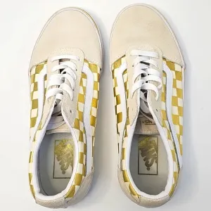 Vans Old Skool Cream Suede &amp; Metallic Gold Checkered Sneakers