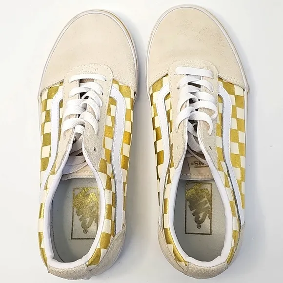 Vans Old Skool Cream Suede &amp; Metallic Gold Checkered Sneakers