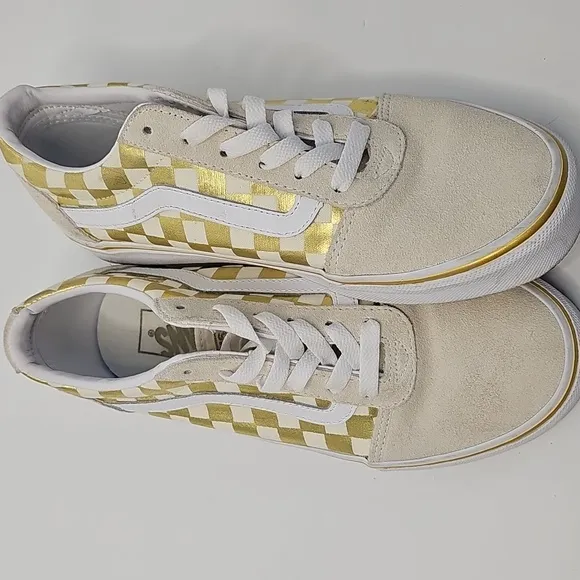 Vans Old Skool Cream Suede &amp; Metallic Gold Checkered Sneakers