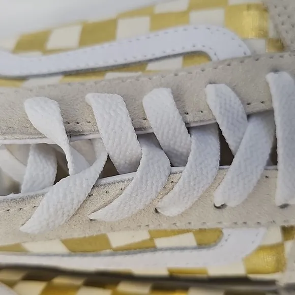 Vans Old Skool Cream Suede &amp; Metallic Gold Checkered Sneakers