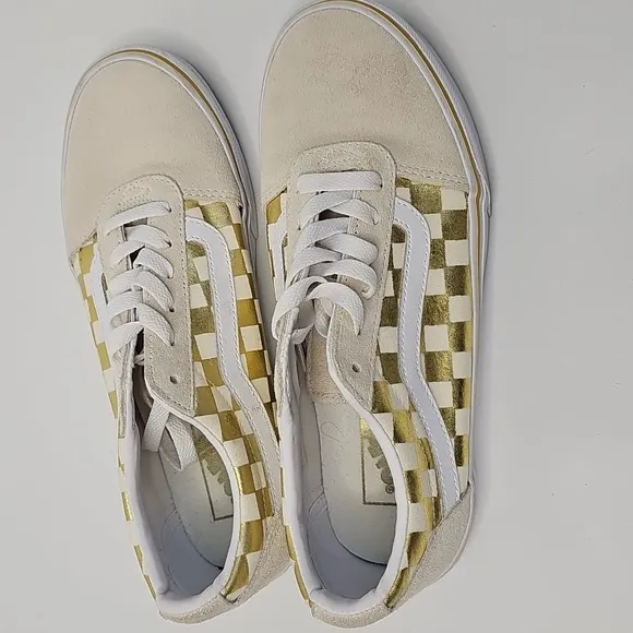 Vans Old Skool Cream Suede &amp; Metallic Gold Checkered Sneakers