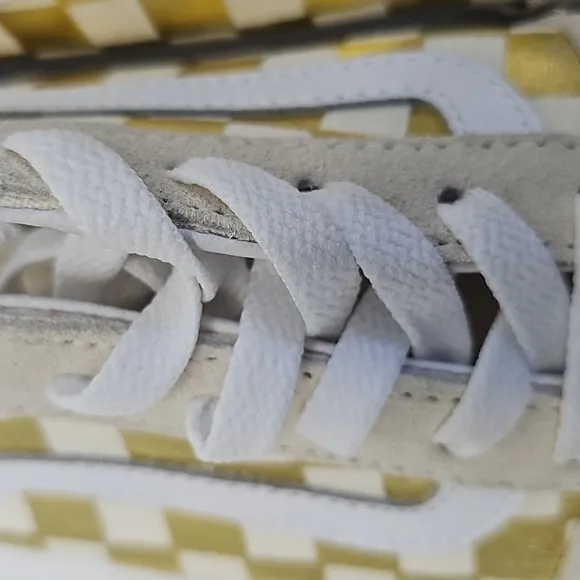 Vans Old Skool Cream Suede &amp; Metallic Gold Checkered Sneakers