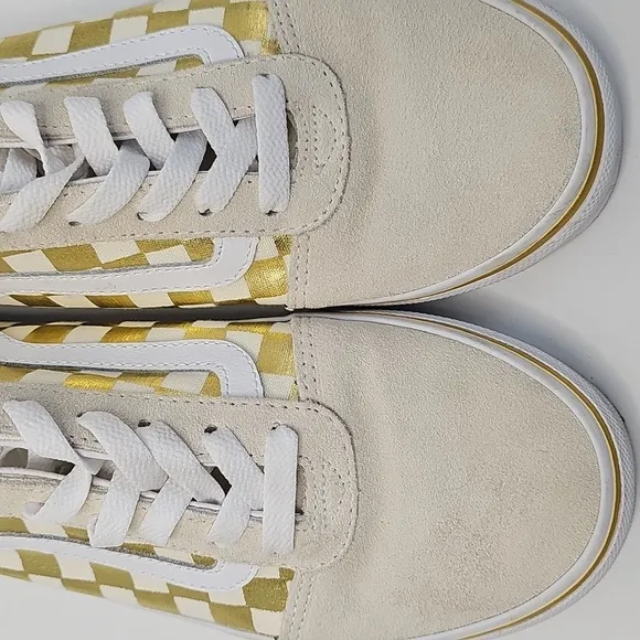 Vans Old Skool Cream Suede &amp; Metallic Gold Checkered Sneakers