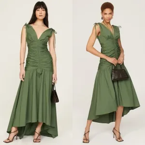VERONICA BEARD Olive Cotton Sleeveless Ruched Bodice Tie Shoulder Maxi Dress 8