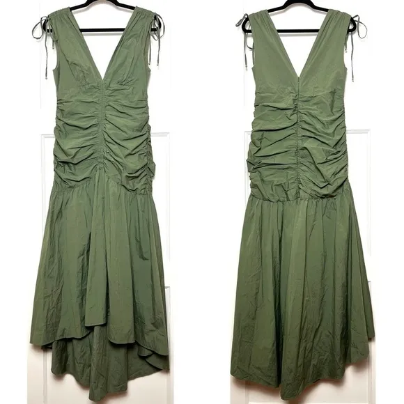 VERONICA BEARD Olive Cotton Sleeveless Ruched Bodice Tie Shoulder Maxi Dress 8