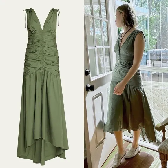 VERONICA BEARD Olive Cotton Sleeveless Ruched Bodice Tie Shoulder Maxi Dress 8