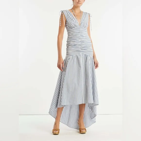 VERONICA BEARD perrin maxi ruched dress in striped washed blue/white Sz 8