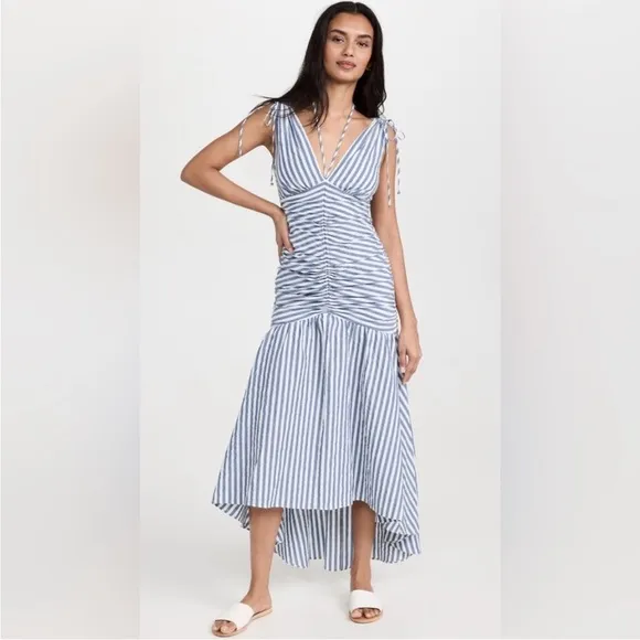 VERONICA BEARD perrin maxi ruched dress in striped washed blue/white Sz 8