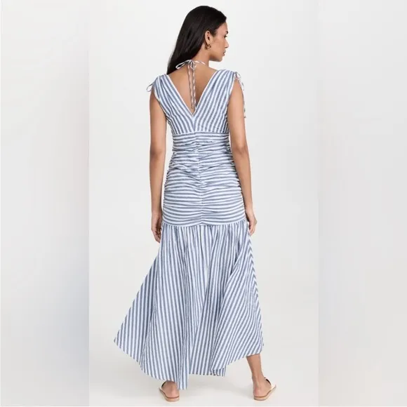VERONICA BEARD perrin maxi ruched dress in striped washed blue/white Sz 8