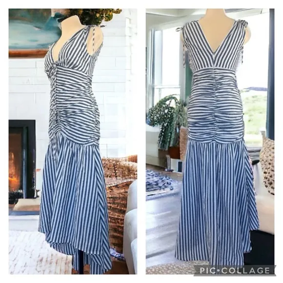 VERONICA BEARD perrin maxi ruched dress in striped washed blue/white Sz 8