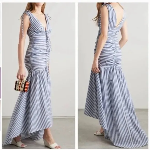 VERONICA BEARD perrin maxi ruched dress in striped washed blue/white Sz 8