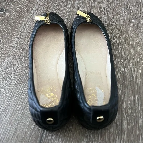 Vince Camuto Black Leather Quilted Gold Color Zipper Front Ballet Flats Size 6.5