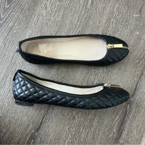 Vince Camuto Black Leather Quilted Gold Color Zipper Front Ballet Flats Size 6.5