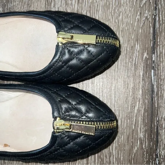 Vince Camuto Black Leather Quilted Gold Color Zipper Front Ballet Flats Size 6.5