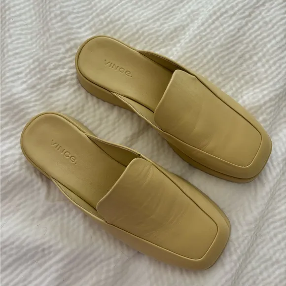 Vince Raquel Cashew Beige Leather Square Toe Minimalist Clog Mules