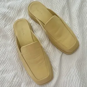 Vince Raquel Cashew Beige Leather Square Toe Minimalist Clog Mules