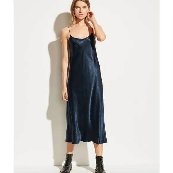 Vince Satin Slip Midi Dress - Navy Size L