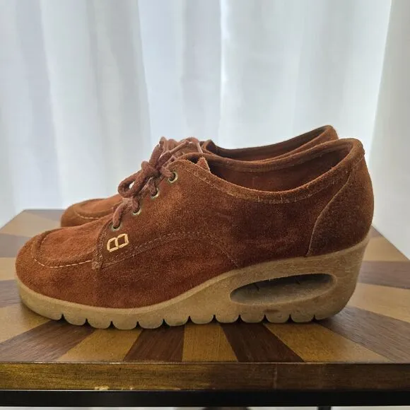 Vintage 60s 70s Platform Chunky Loafers Hippie Boho Brown Rust Suede Leather US8