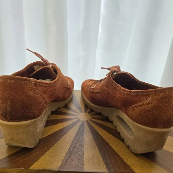 Vintage 60s 70s Platform Chunky Loafers Hippie Boho Brown Rust Suede Leather US8