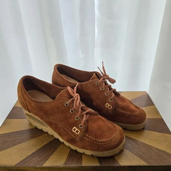 Vintage 60s 70s Platform Chunky Loafers Hippie Boho Brown Rust Suede Leather US8