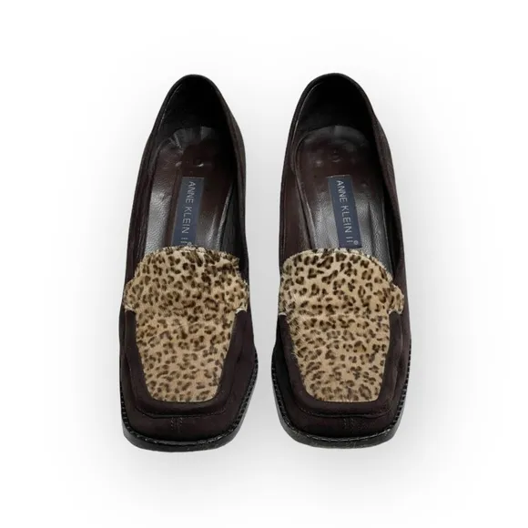 Vintage 90’s: Anne Klein II 𖦹 Calf Hair Heeled Loafers 𖦹 Leopard Print Suede