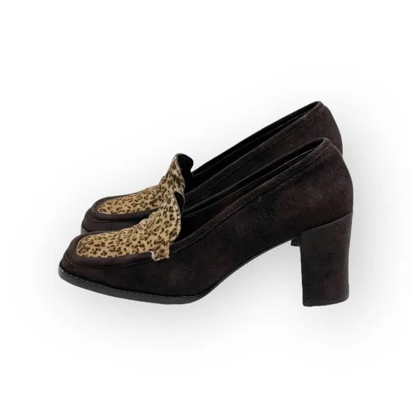 Vintage 90’s: Anne Klein II 𖦹 Calf Hair Heeled Loafers 𖦹 Leopard Print Suede