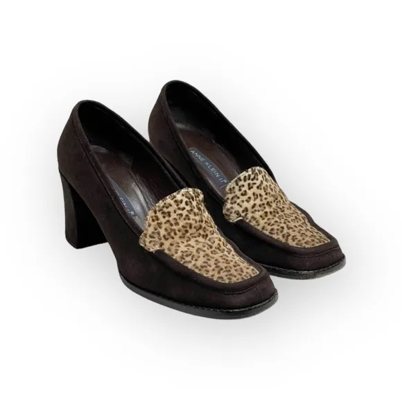 Vintage 90’s: Anne Klein II 𖦹 Calf Hair Heeled Loafers 𖦹 Leopard Print Suede