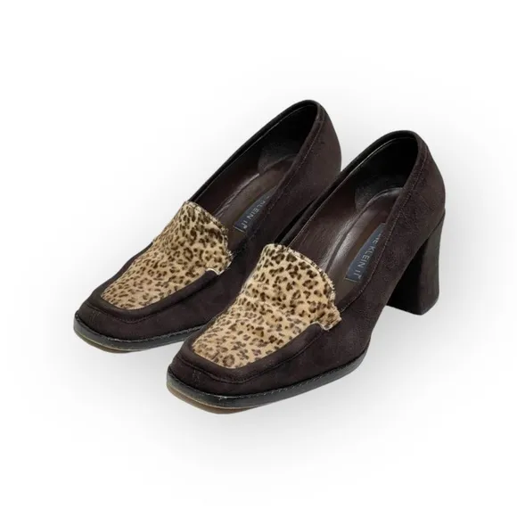 Vintage 90’s: Anne Klein II 𖦹 Calf Hair Heeled Loafers 𖦹 Leopard Print Suede