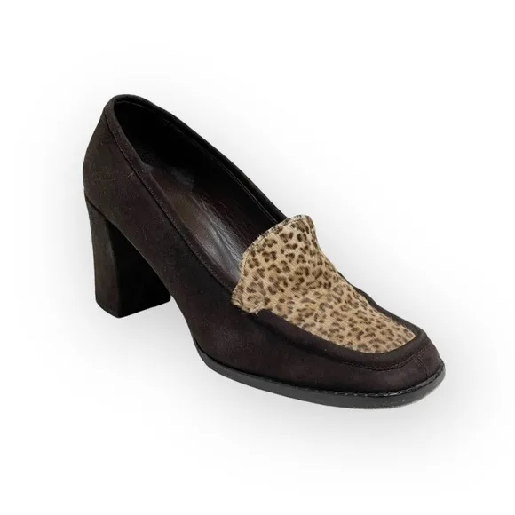 Vintage 90’s: Anne Klein II 𖦹 Calf Hair Heeled Loafers 𖦹 Leopard Print Suede