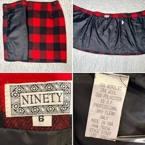 Vintage 90s Buffalo Plaid Wool Blend Skirt Suit Matching Set Ninety Made in USA